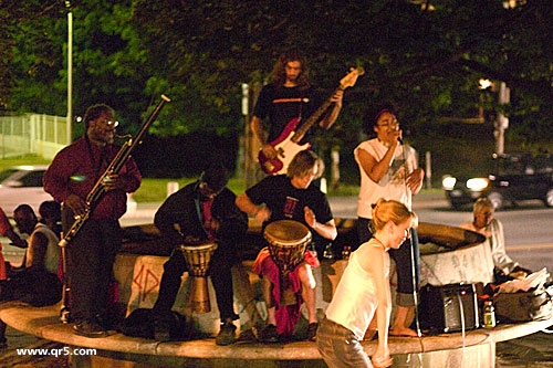 Stages of Guluwalk @ CastleFrank Parkette.  Johnny Ray on bass, Jeff Burke  on bassoon, Michael Clark and Sage MacPherson on djembe, Andreah Hunt dancing, Belladonna spitting, Gu;uwalkers chilling for a minute  (photo by Matthew Maaskant)