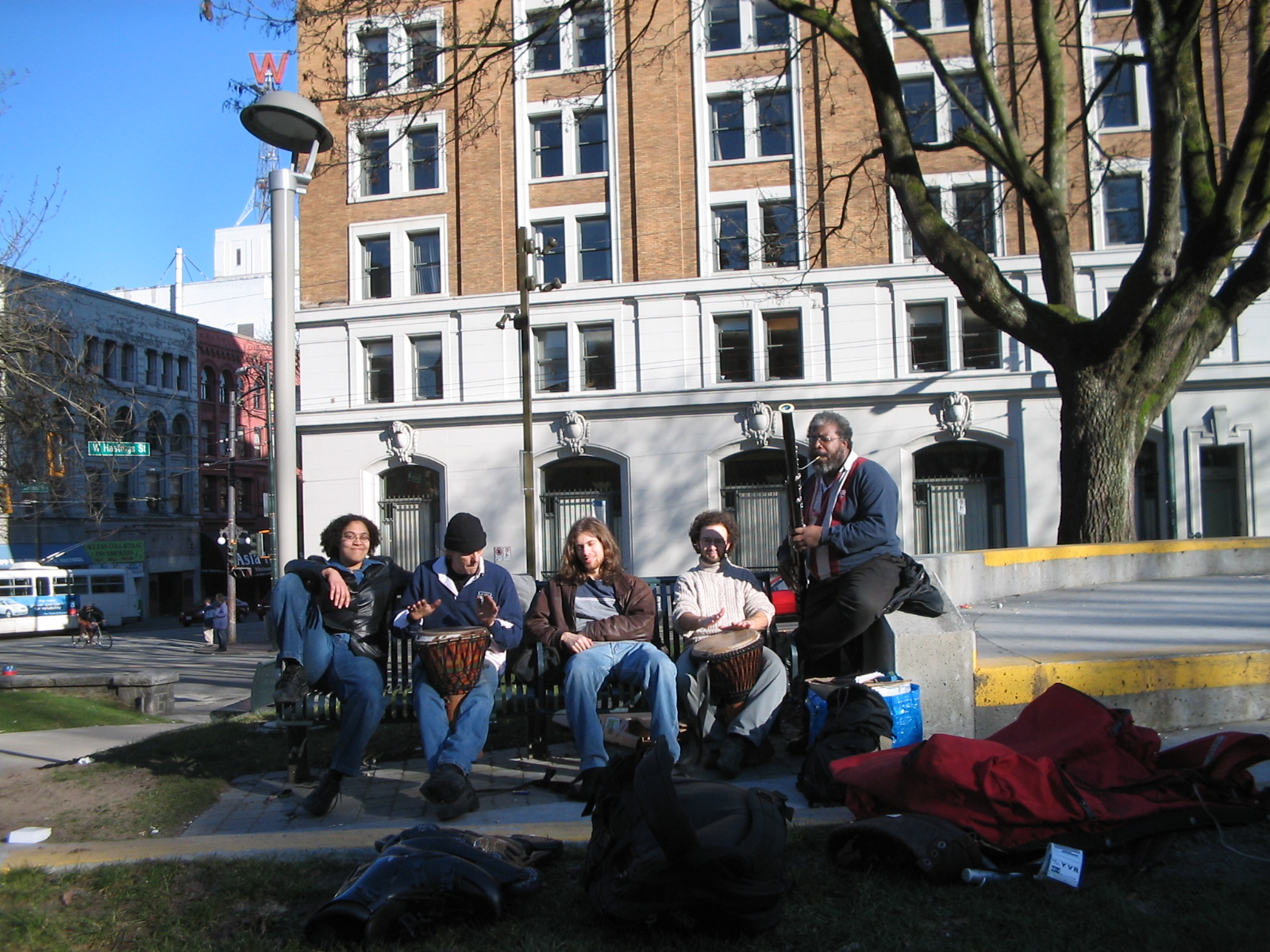 Jamming in the park in Vancouver: Belladonna, Michael Clark, Johnny Ray, Jason Diceman and Jeff Burke - the Awakening Mobile Unit gets mellow